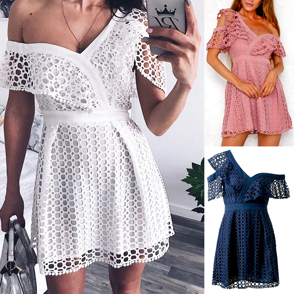 

New Hot Women's Summer Dress Solid One Shoulder Hollow Out Mini Dress Casual Beachwear Sundress