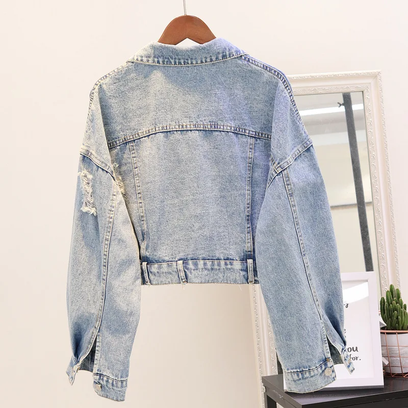 Hole denim short jacket female 2019 autumn new Korean version of the loose long-sleeved heavy work sequins student jacket shirt