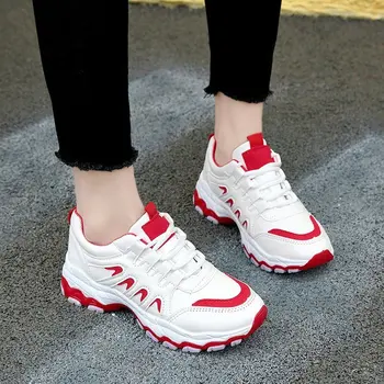 

Womens High Wedge Heel Platform Athletic Sneakers Lace Up Breathable Sport Trainers Creepers Shoes Lady Footwear Black White Red