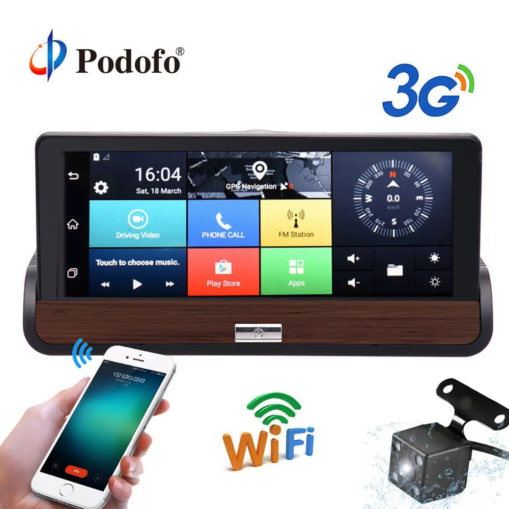 

Podofo 3G 7'' Touch Screen Android 5.0 Car DVR Dual Cams GPS Navigation Bluetooth Wifi Recorder Dashcam With Rear View Camera