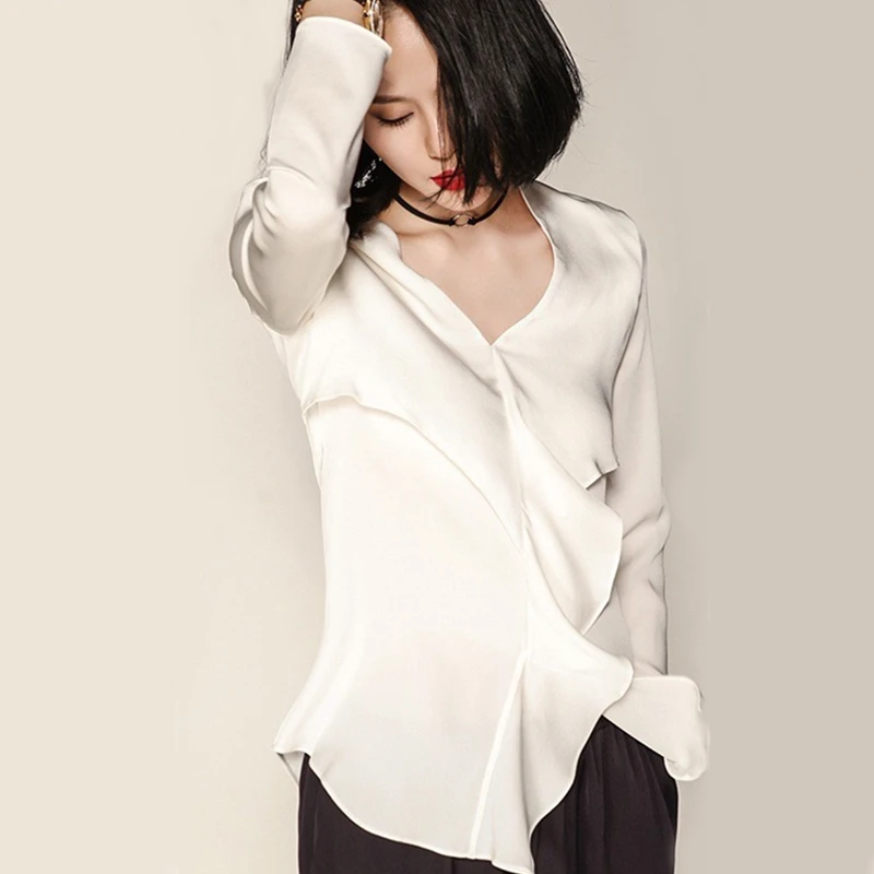 Vente Haute Qualité 100% Blouse en soie Des Femmes Chemise Unie Col En V Volants Manches Longues Décontracté Tops Élégant Style 2017 Nouvelle Mode