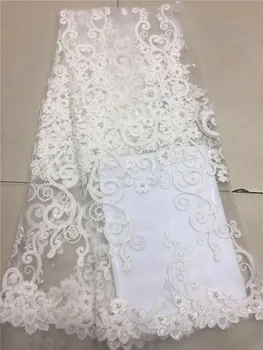

2018 French Lace Fabric White Wedding High Quality African bead Tulle Lace Fabric 5Yard 3D Flowers Embroidered Tulle Lace fabric