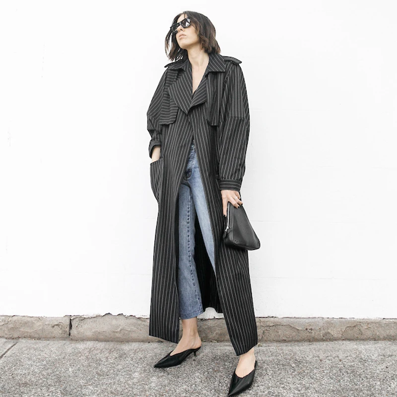 

Loose Windbreaker Women [EWQ] 2019 Fashion New Spring Autumn Long Sleeve Lapel Striped Patchwork Single Breasted Casual AC057