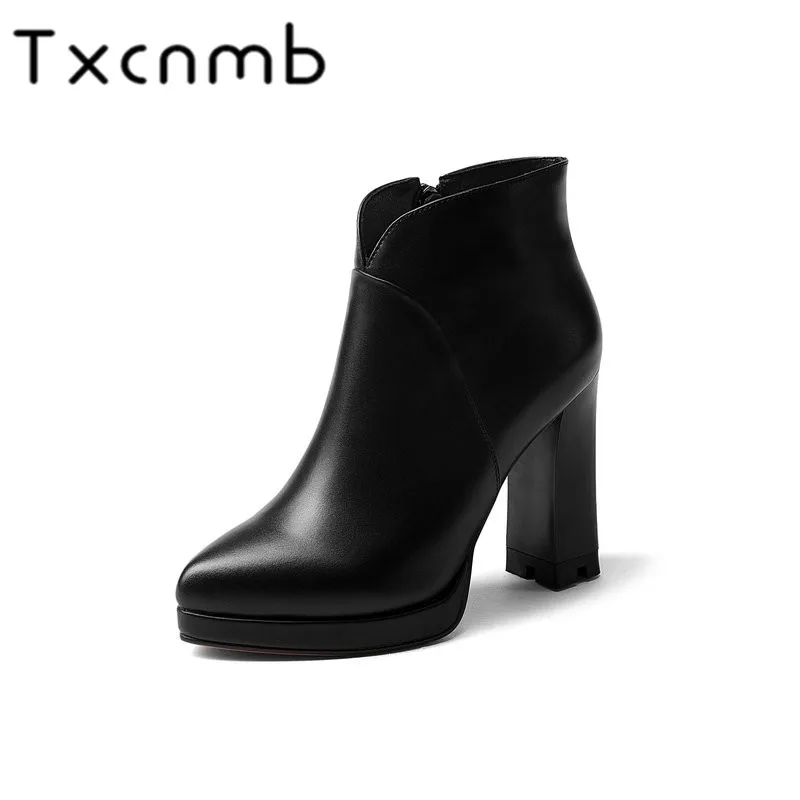 

TXCNMB 2019 Boots Women Ankle Boots High Heels Autumn Winter Genuine Leather Boots Platforms Short Ladies Shoes Woman