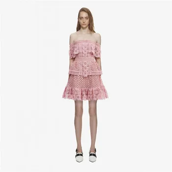 

2019 Mini Dress Celebrity Backless Elegant Sexy Lace Print Pink Women Slash Neck Night Club Body con Party Dresses Wholesale