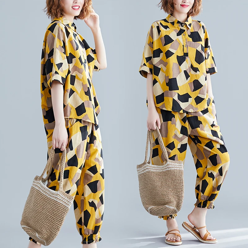 

Plus Size Tracksuit Women Two Piece Outfits Matching Sets Top and Pants Cotton and Linen Vintage Print Top + Wide Leg Bloomers