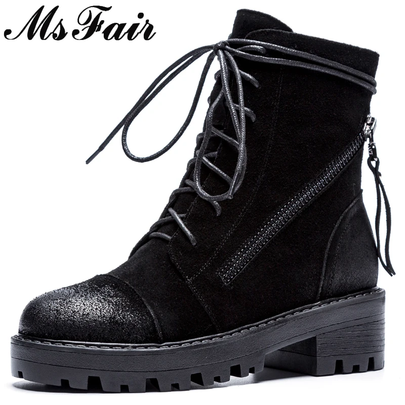 

MSFAIR Square heel Thick Bottom Women Boots Fashion Zipper Mid Heel Ankle Boots Women Shoes Short Plush Martin Boots Shoes Woman
