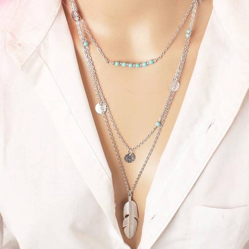 New DIYJewelry Beads Turquoise Enamel Necklaces Sheet 3Layer Necklace Multilayer LeavesNecklace charm necklace for womenN201N202