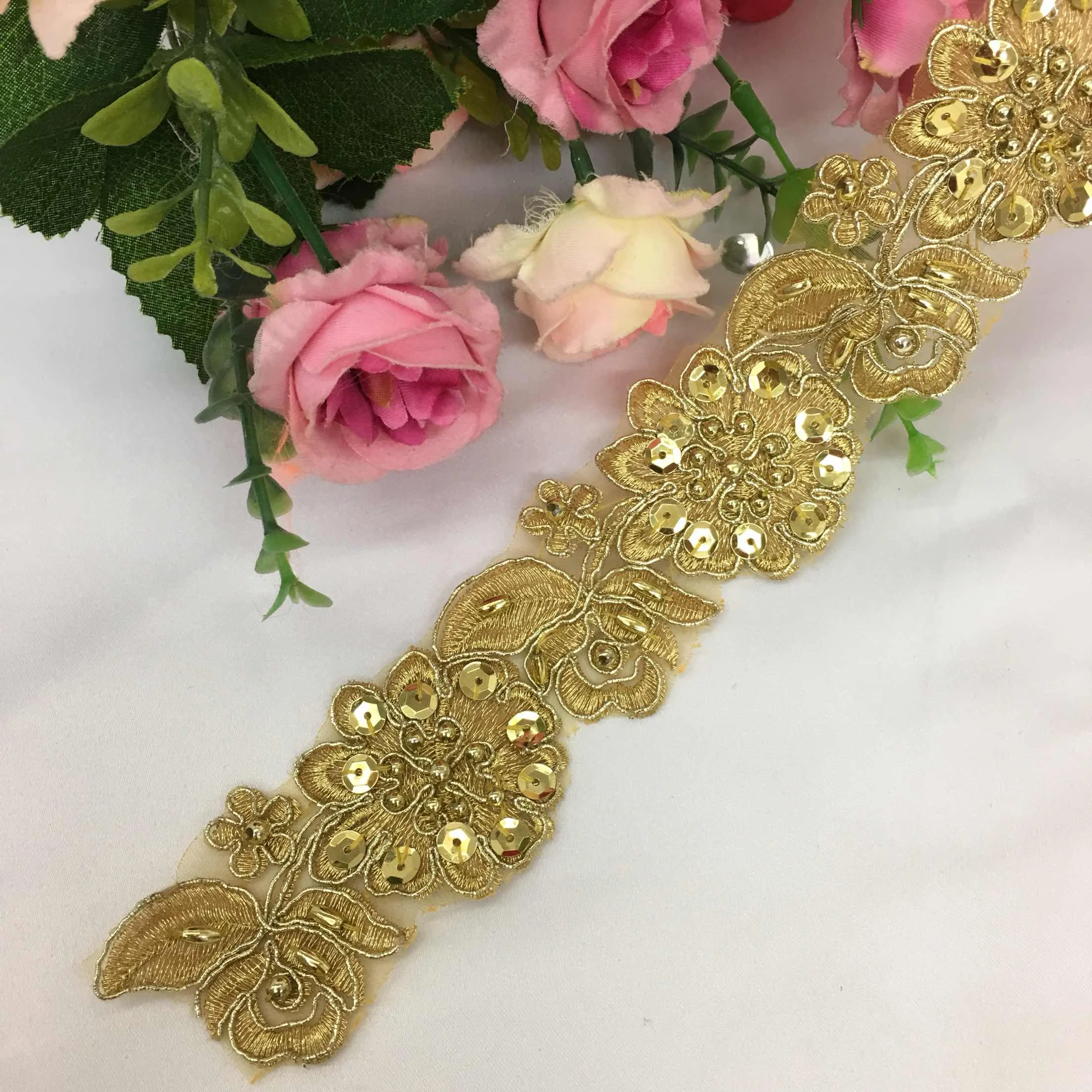 2yards gold rhinestone beaded lace trim apliques de roupa crystal