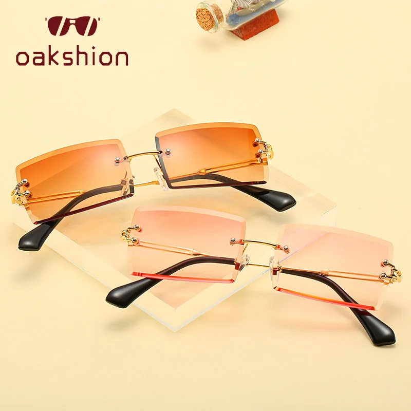 oakshion Fashion Rimless Sunglasses Women Rectangle Female Sun Glasses Blue Pink Frameless Trimming Square Eyewear