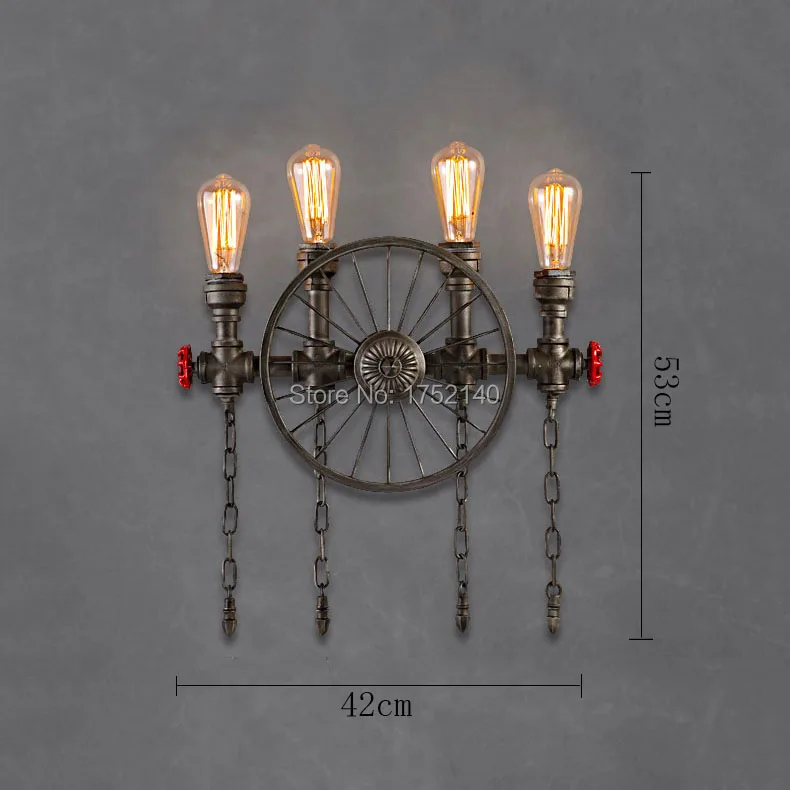 Vintage Wroguht iron wall lamp loft wall lamp. Creative Bicycle Wheel water pipe wall lamp bar inn lighting fixture industrial deco art