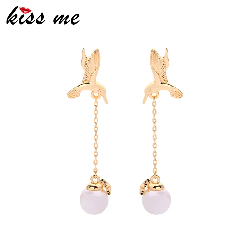 

kissme Exquisite Glass Pearl Drop Earrings For Women Gifts Gold Color Alloy Bird Long Chain Dangle Earrings Fashion Accessories