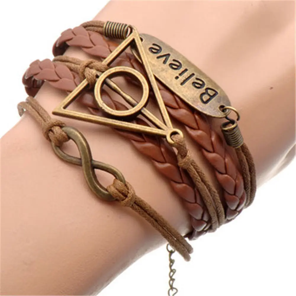 

Magic School Deathly Hallows Infinity Triangle Wand Stone Believe Charm Bracelet Cosplay Accessories
