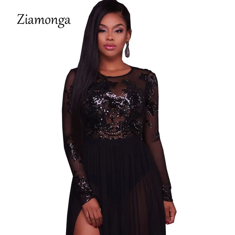 Ziamonga, женское сексуальное боди с блестками, боди с длинным рукавом и круглым вырезом, Сетчатое черное облегающее боди, элегантный комбинезон, боди, женские топы