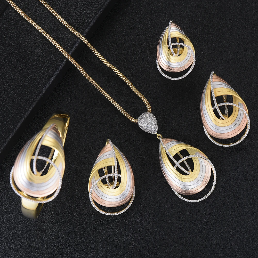 

GODKI 4PCS Full Sets Luxury Waterdrop Geometry Indian Women Wedding Cubic Zirconia Necklace Earring Bangle Ring Jewelry Set