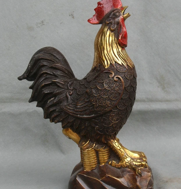 

free shipping 12" Old Chinese Bronze Gilt Zodiac Year Wealth Cock Rooster Sculpture Statue S