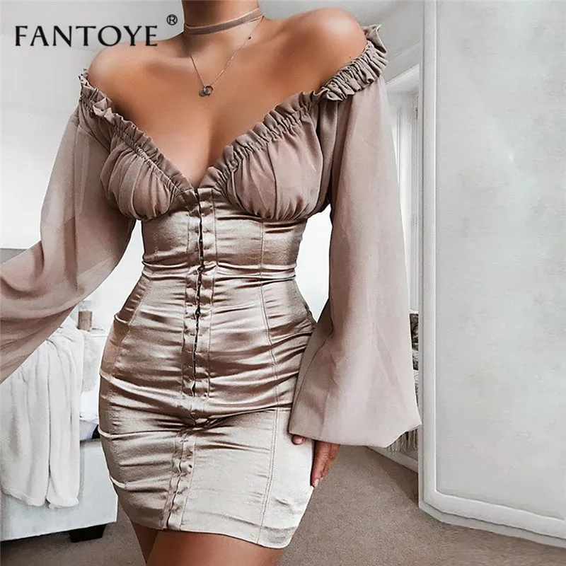 

Fantoye Sexy Off Shoulder Ruffle Dress Women Summer Puff Sleeve V-neck Patchwork Stain Bodycon Party Dresses Clubwear vestidos