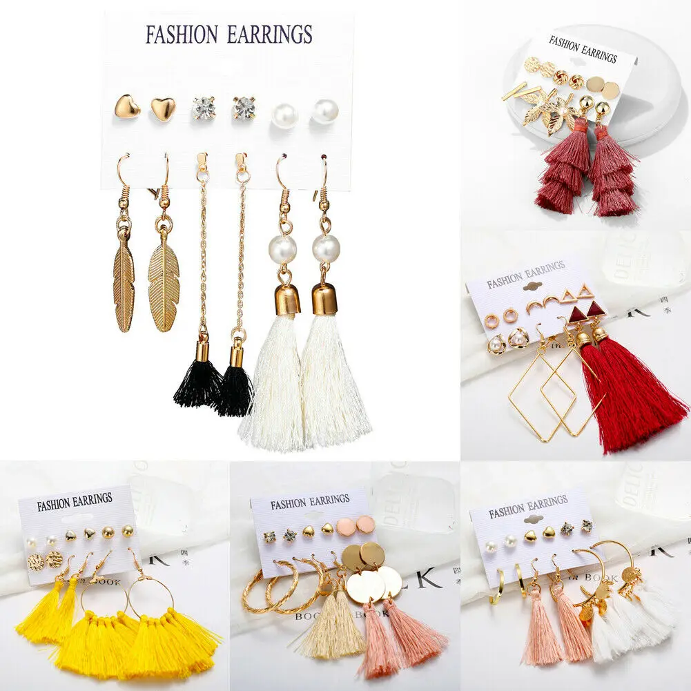 6 Pairs Boho Tassel Crystal Pearl Earrings Set Women Ear Stud Dangle Jewelry Gift | Украшения и аксессуары