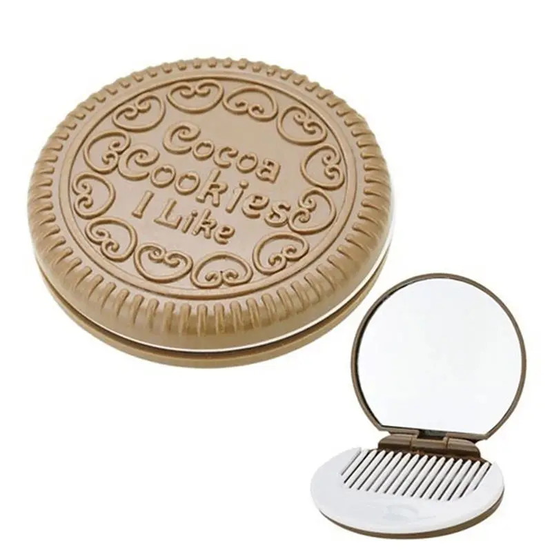 

1PCS Mini Pocket Chocolate Cookie Portable Makeup Cosmetic Compact Mirror Comb Coffee Brown