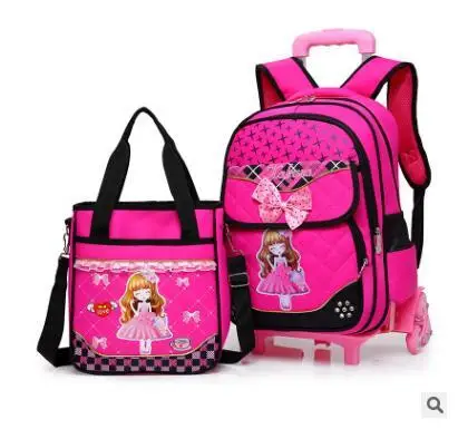 6 wheel rose red Girl's School Trolley Backpack Wheeled Bag For School Trolley Bag On Wheels School Rolling Backpack Children Travel Luggage Bag - Цвет: 6 wheel rose red