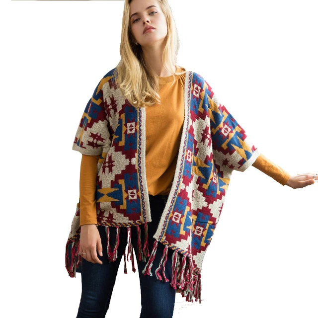Floral Kimono Cardigan Poncho Sweater Shawl Autumn Knitted