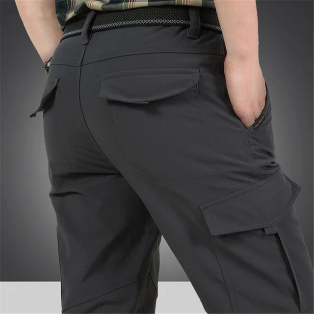 Men's Fleece Tactical Pants Winter Warm Military Cargo Pant Men Casual Shark Skin Soft Shell Work Trousers Waterproof Sweatpants - Color: Gray