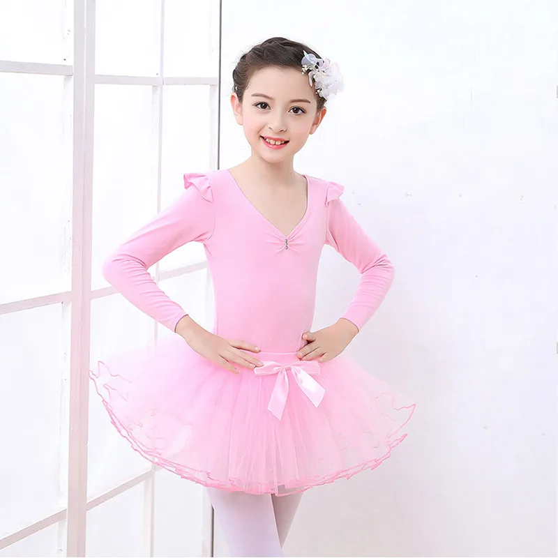 Детский хлопковый гимнастический купальник балет платье Детская танцевальная пачка с короткими рукавами Одежда для танцев балерина для девочек - Цвет: PinkLong