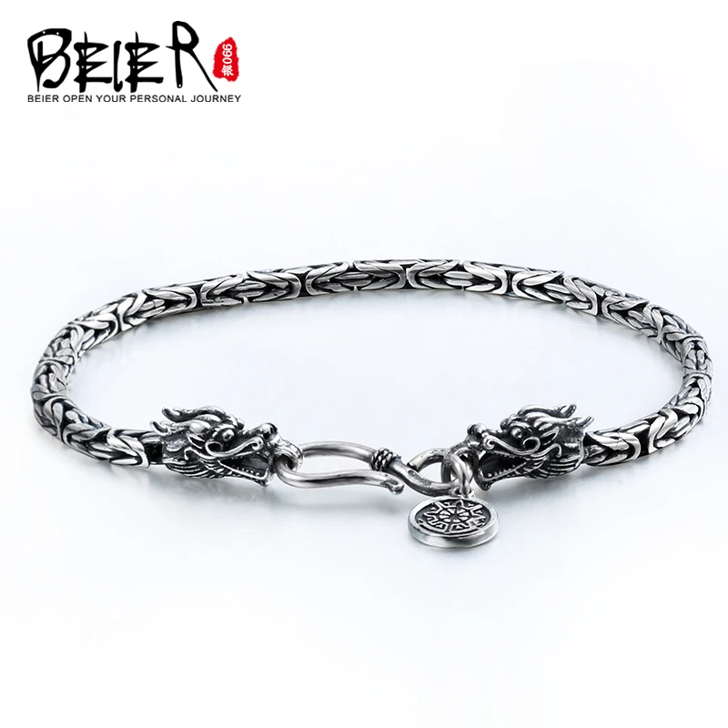 Billige BEIER Fashion Men s High Polished 100% 925 silver sterling Double Dargon Bracelet Bring Lucky Jewelry BR SL001
