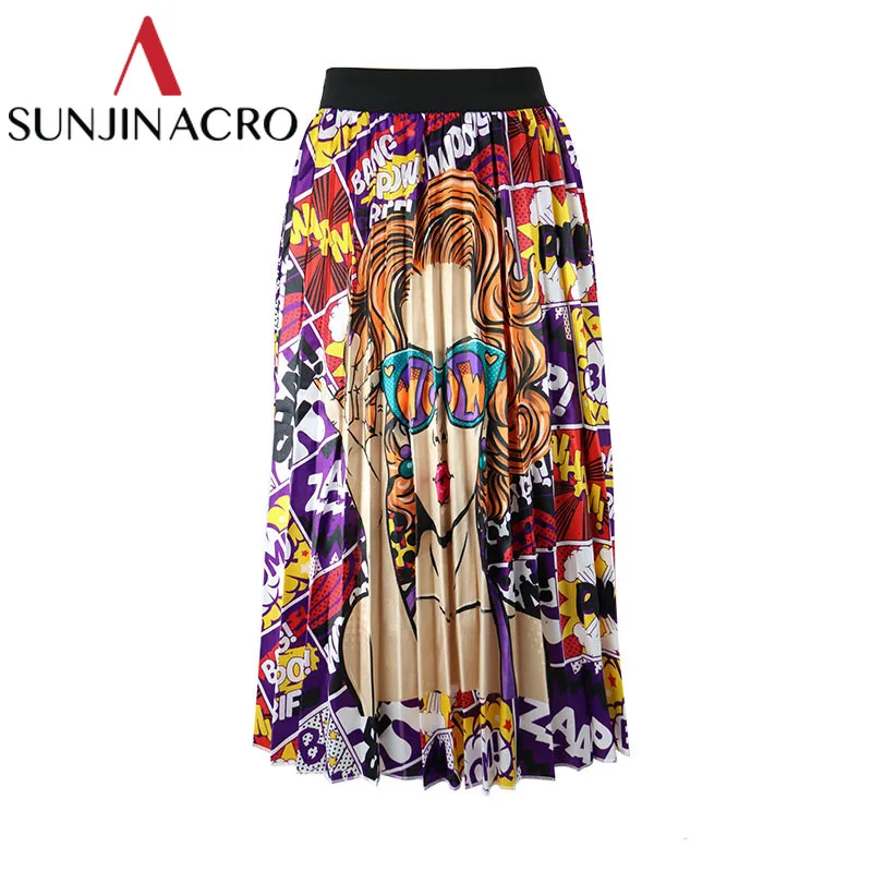

SUNJINACRO 5 Colors European Cartoon Pattern Pleated Skirt Women High Street Mid-Calf High Elastic Big Swing Skirts