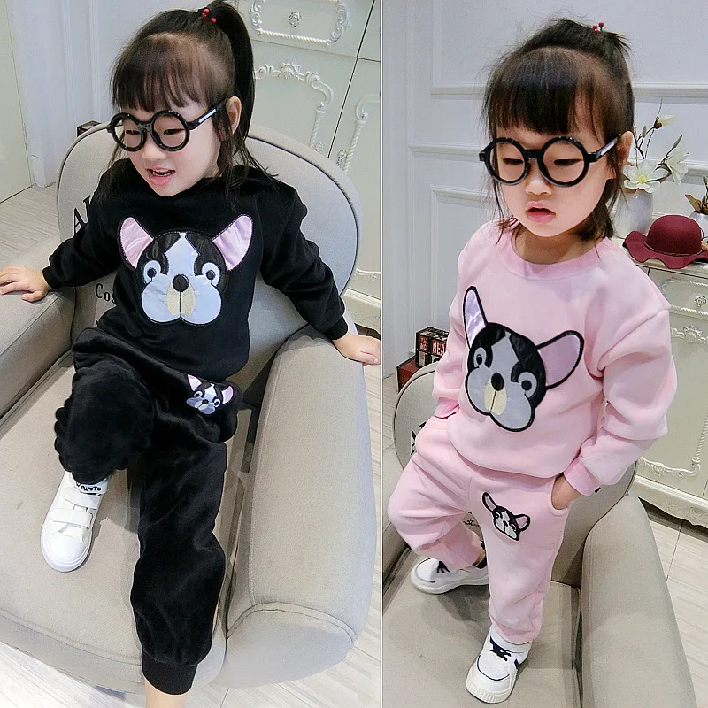

Baby autumn and winter new girls puppy cartoon print long-sleeved two-piece baby gold velvet plus velvet thick warm set