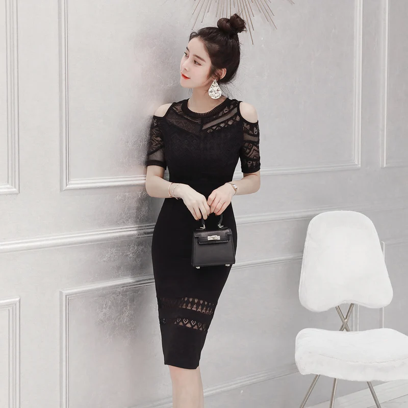 

2019 Women Summer Office Lady Lace Dress Knee-Length O-neck Hollow Out Evening Party Black Dresses