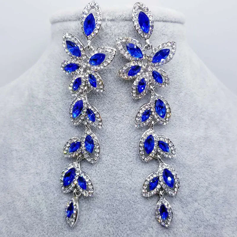 

European Leaves Long Drop Earrings for Women Multi-color Crystal Hanging Earrings Wedding Bride Engagement Jewelry Accessories