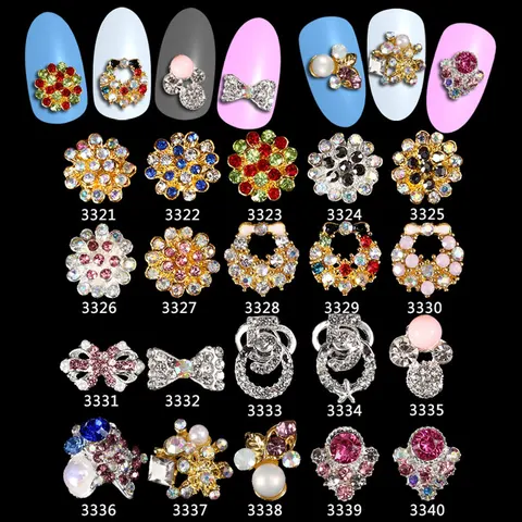 Arte do Unha Pçs de Luxo Peças de Metal-3321 Metal Pérolas Liga Encantos Flor Laço Forma Glitter ab Strass Jóias Unha 100