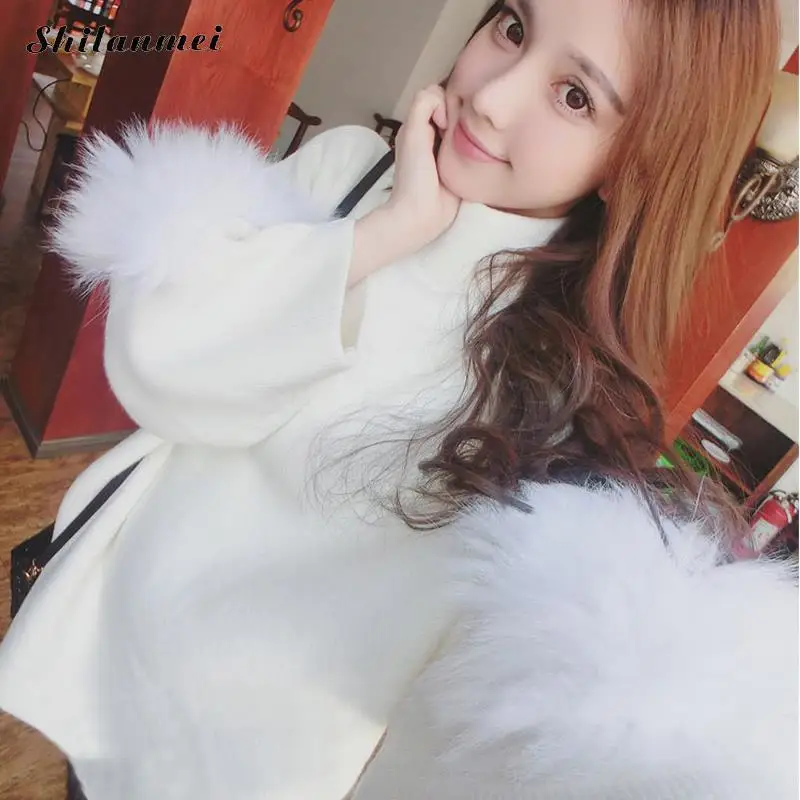 2017Fashion Women Fur Sweater Winter Truien Dames Fluffy Arm Fluff Sweater Tunic Turtleneck Pull Femme Manche Longue Outwea Sweaters