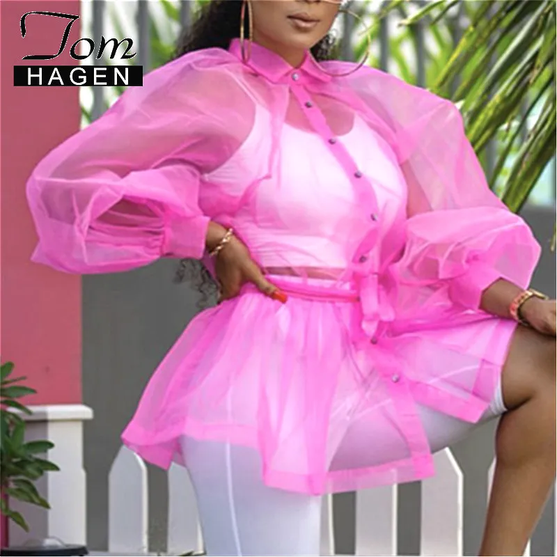 

Tom Hagen Womens Tops Blouses Big Size Lantern Sleeve Blouse Shirt Women Plus Size Sexy See Through Elegant Thin Blouse Summer