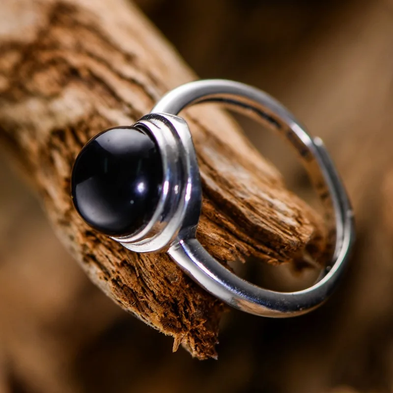 Подлинные твердые кольца 925 пробы серебро с натуральным черным ониксом круглый камень простой элегантный ювелирные изделия Bijoux
