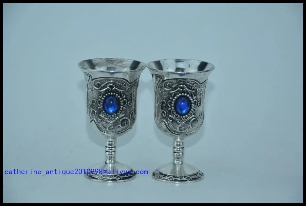 

Antique old Chinese silver&sapphire cup,A PAIR,Collection&Adornment,Free shipping