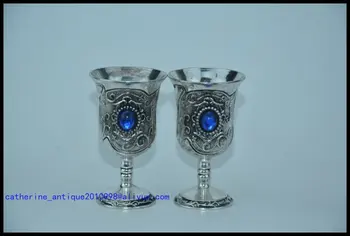 

Antique old Chinese silver&sapphire cup,A PAIR,Collection&Adornment,Free shipping