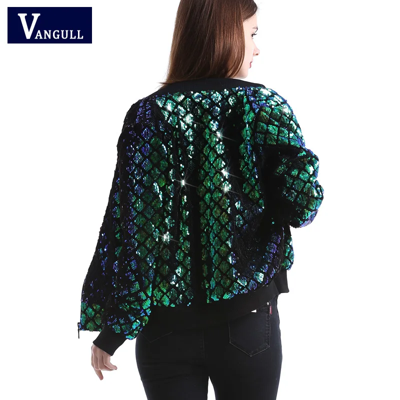 Vangull New Spring Autumn Women Sequin Coat Green Bomber Jacket Long Sleeve Zipper Streetwear Jacket Preppy Casual Basic Coat