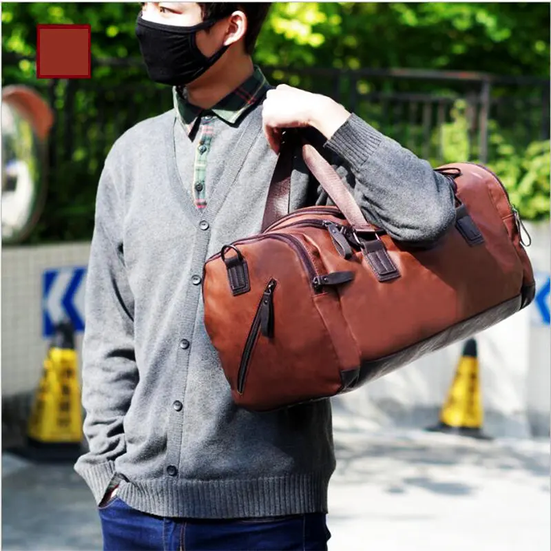 Men's PU Leather Gym Bag Women Training Bags Duffel Travel Luggage Tote Handbag Male Classic Soft Sport Bag Outdoor Shoulder Bag