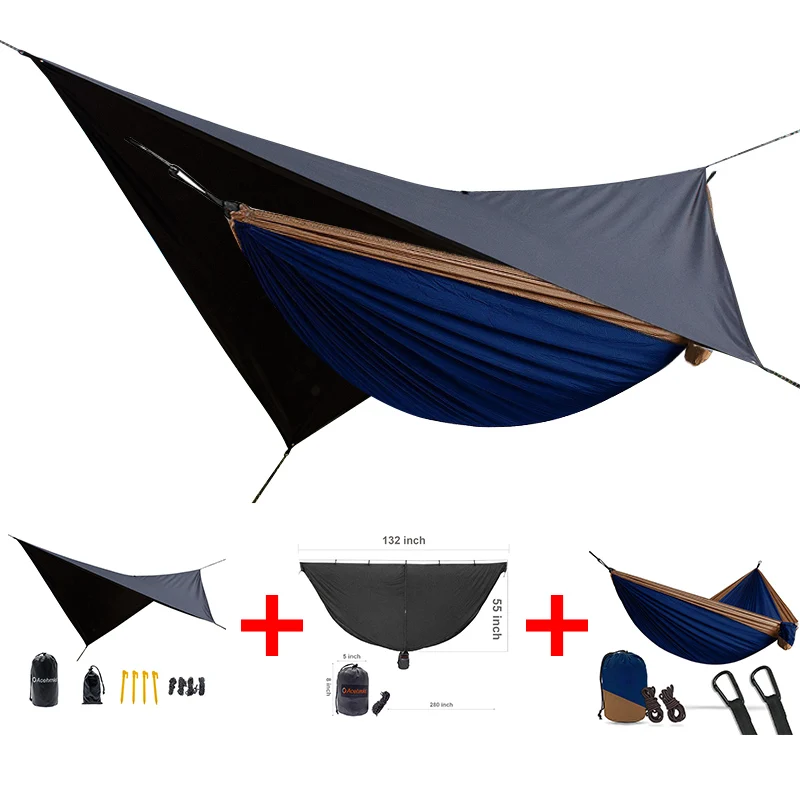 

ACEHMKS portable 2 person camping hammock easy to set mosquito net waterproof rain tarp can be used as a mat 3 in one packet
