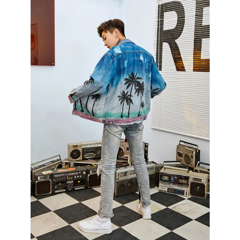 UNCLEDONJM Palm tree denim outerwear coat mens clothing urban streetwear hip hop jacket for men destroyed jeans jacket men 231W UNCLEDONJM Palm tree denim outerwear coat mens clothing urban streetwear hip hop jacket for men destroyed jeans jacket men 231W
