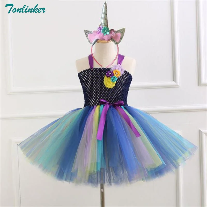Style-Blue Элегантные разноцветные праздничные платья с цветами для дня рождения детская одежда платье для маленьких девочек костюм-обруч для волос с единорогом платье-пачка для девочек - Цвет: Style-Blue