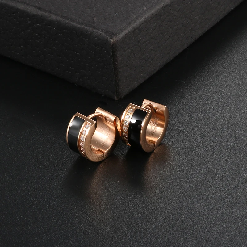 Роскошные серьги-кольца из нержавеющей стали черного/белого цвета с CZ проложили дизайн розовое золото серьги для женщин свадебный подарок Bijoux