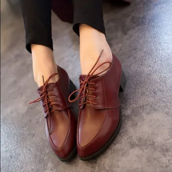 

Pointed Toe Lace Up Women Leather Shoes Thick Low Heels Spring Autumn Woman Casual Shoes women's Flats Sapatos Femininos WSH263