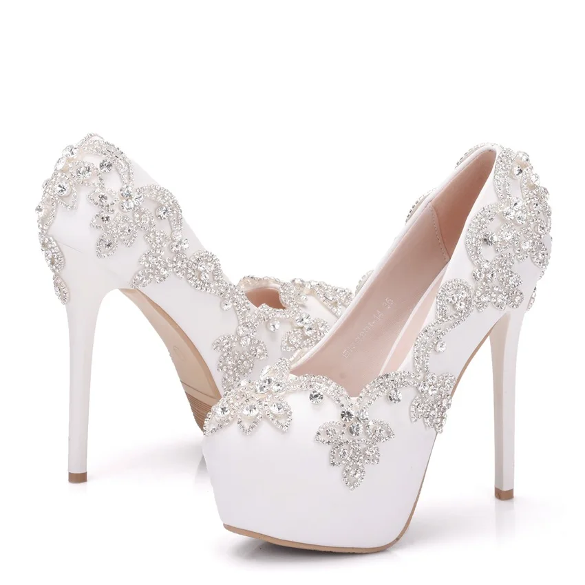 

2019 New Women Wedding Shoes Fashion Rhinestone Bridal Shoes Pumps High Heels 14CM Sweet Crystal Luxury Platform Wedges Shoes