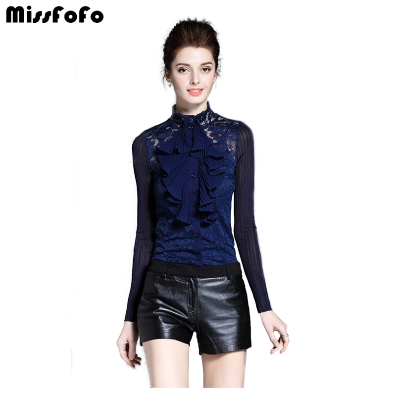 

MissFoFo 2018 Autumn New Fashion Blouse Royal Lotus Lace Collar Chiffon Shirt Female Long Sleeve Spring Shirt Blue Size S-2XL