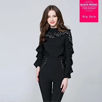

High quality heavy industry beading blouse female 2018 Spring Women Butterfly Sleeves Blouses Black White yarn Shirts tops L295