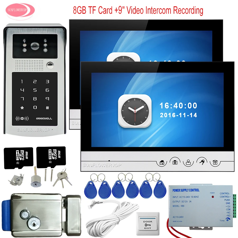 Home Phone Rfid Code Panel 9'' Doorbell Camera Video Recording 8GB TF Card For Video Door Phone 2 Monitors With Electronic Lock Home Phone Rfid Code Panel 9'' Doorbell Camera Video Recording 8GB TF Card For Video Door Phone 2 Monitors With Electronic Lock