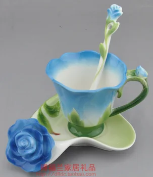 

Colored mug enamel porcelain coffee disc spoon set European high-grade bone China marriage birthday gift rosemugs